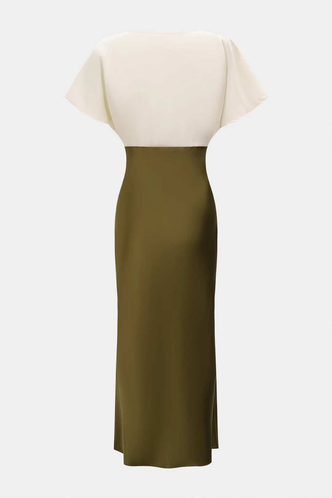 Contrast Satin Patchwork Lace Trim V-Neck Short Sleeve Midi Dress - Weenar
