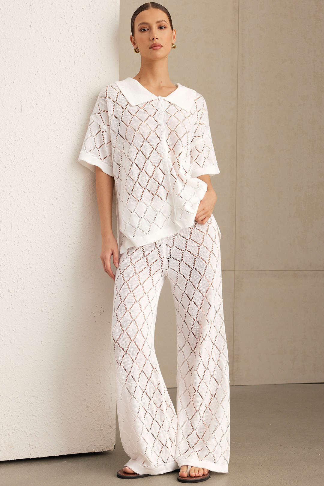 Knit  Cut Out Button Cardigan And Pants Set - Weenar