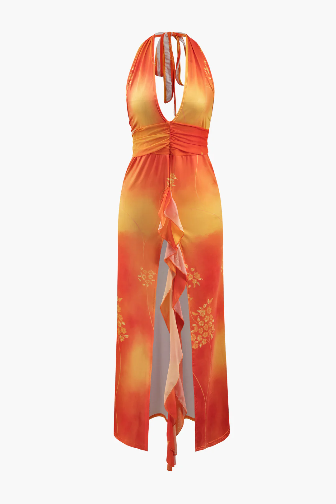 Abstract Print Halter Neck Tie Up Ruched Backless Slit Sleeveless Maxi Dress - Weenar