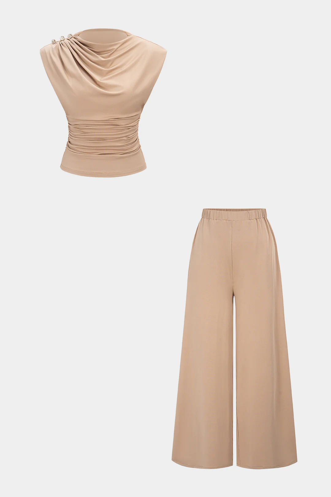 Solid Ruched Tank Top And Wide Leg Pants Set - Weenar