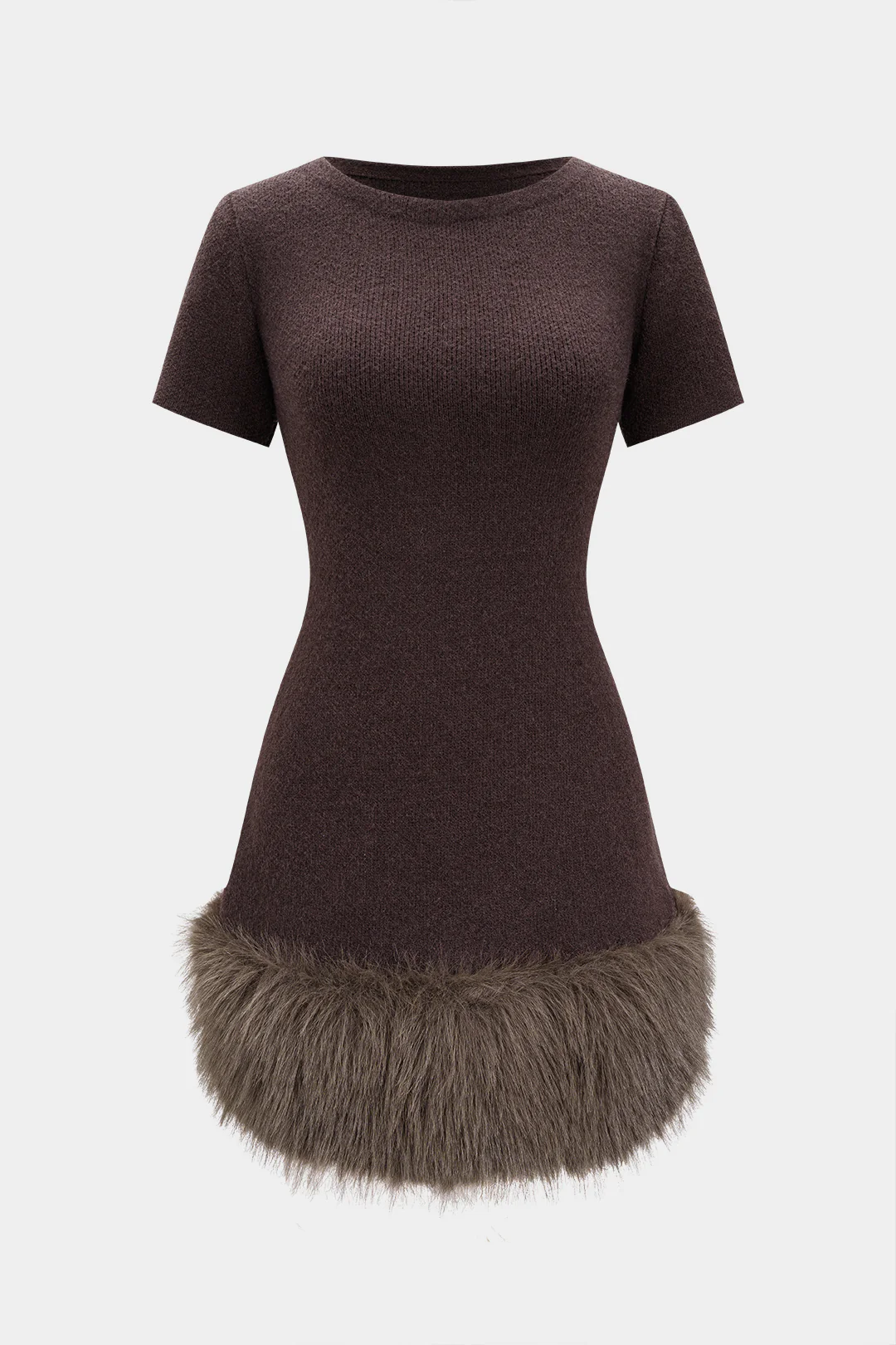 Knit Patchwork Faux Fur Short Sleeve Dress - Weenar