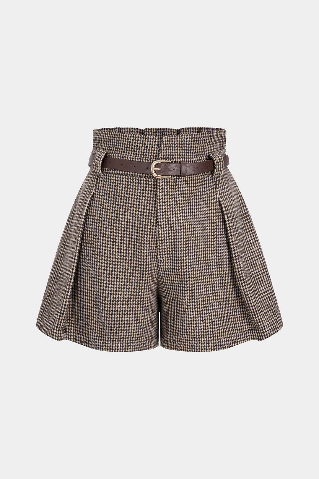Plaid Print Woolen Belted Pleated Shorts - Weenar