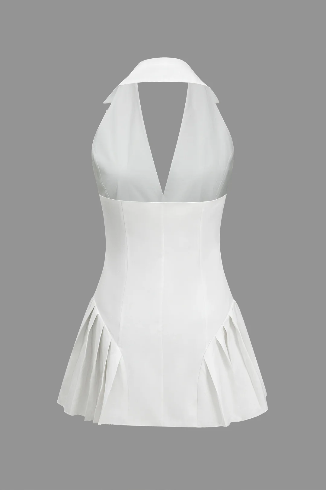 Solid Button Halter Neck Pleated Sleeveless Mini Dress - Weenar