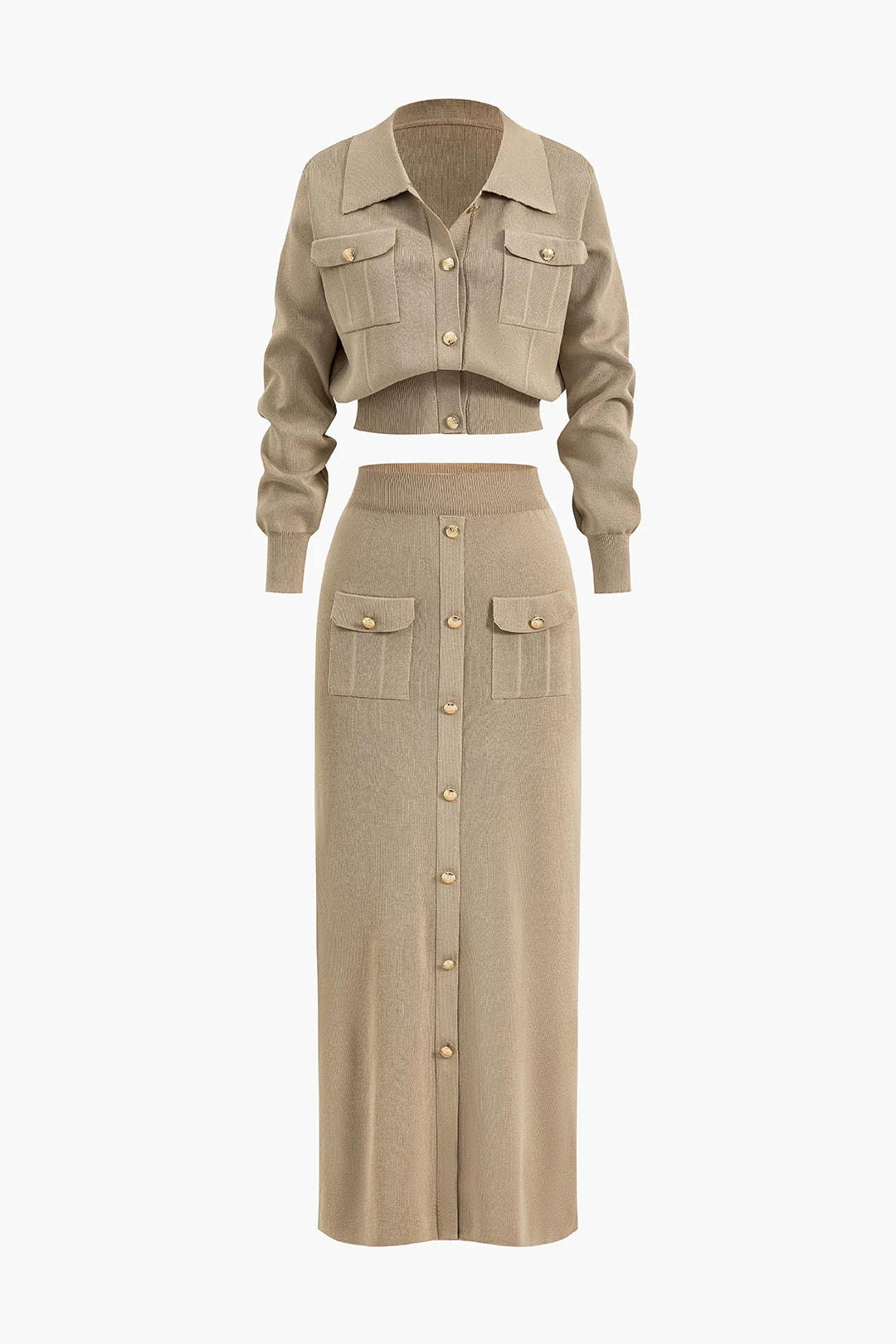 Cropped Button-Up Knit Top And Maxi Skirt Set - Weenar