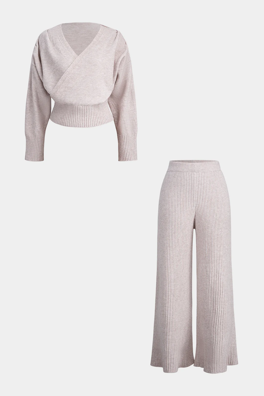 Knit Cross V-Neck Long-Sleeve Top And Wide Leg Pants Set - Weenar