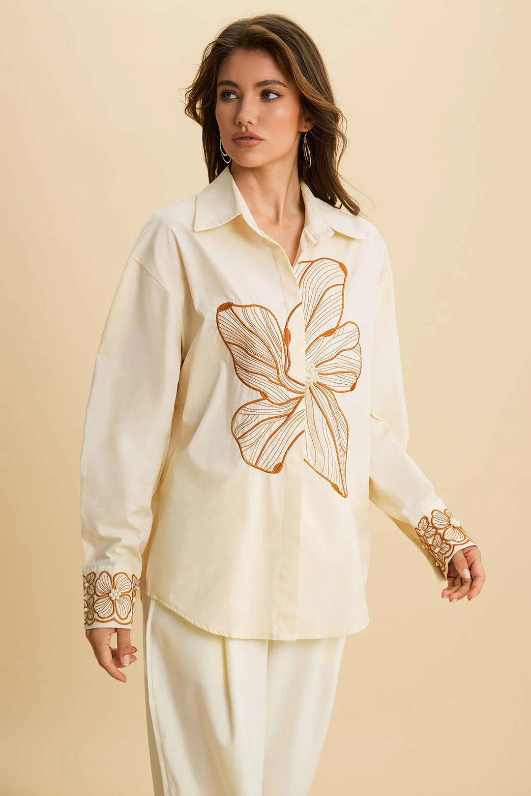 Floral Embroidery Asymmetrical Long-Sleeve Shirt - Weenar