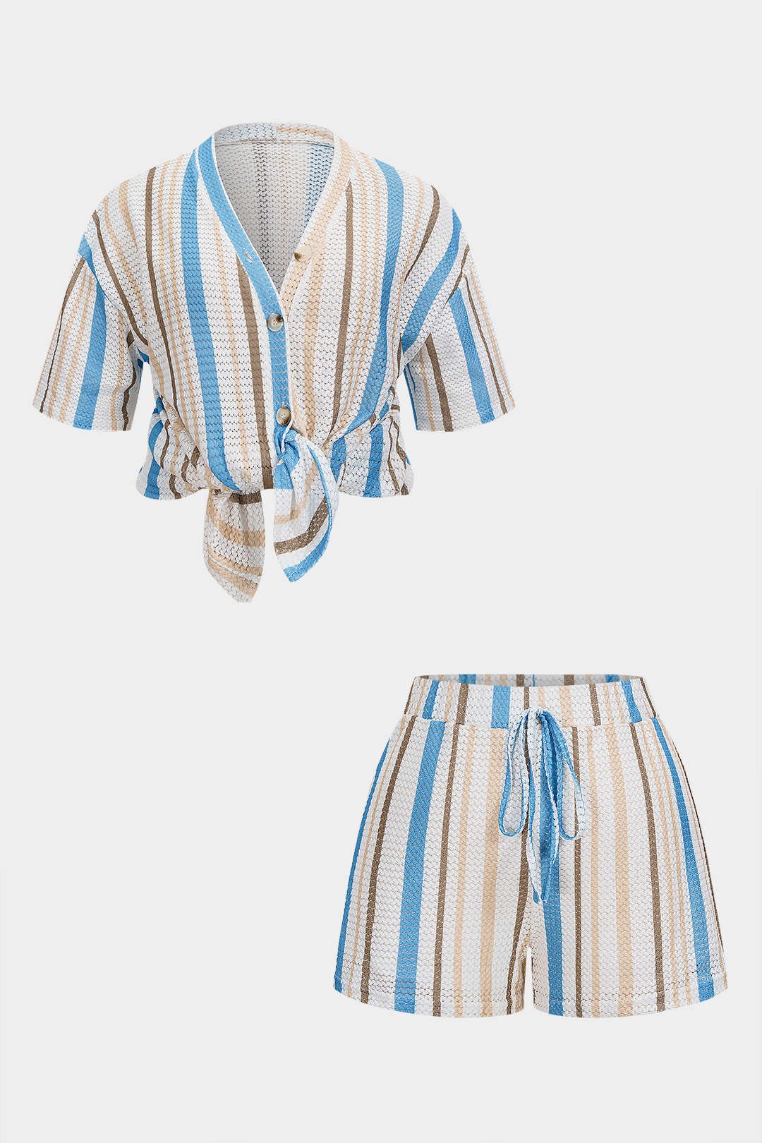 Plus Size Stripes Print V-Neck Short Sleeve Top And Drawstring Shorts Set - Weenar