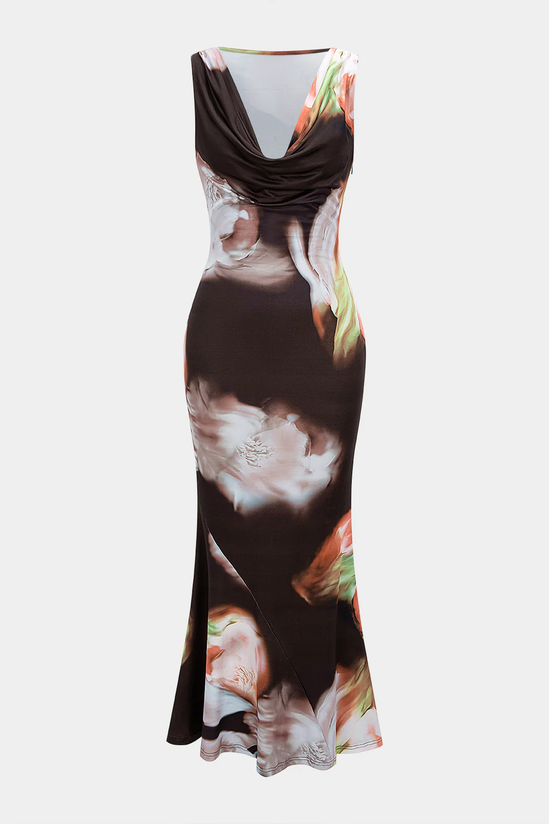 Floral Print Draped Cowl Neck Sleeveless Maxi Dress - Weenar