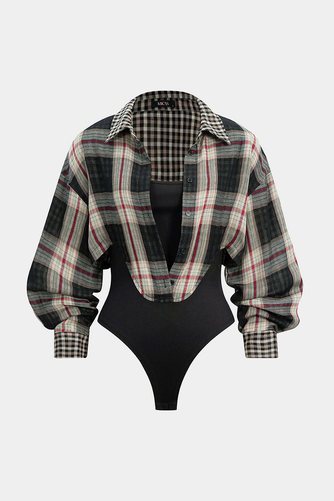 Plaid Print Long Sleeve Bodysuit - Weenar