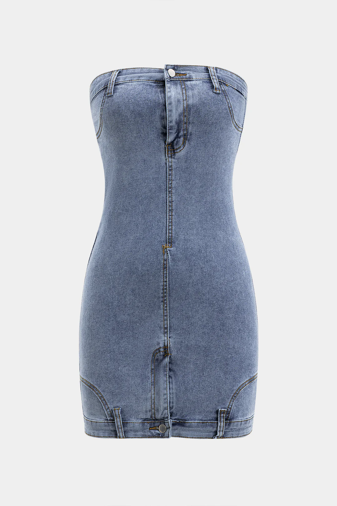 Denim Off Shoulder Double Waistband Button Zipper Sleeveless Dress - Weenar
