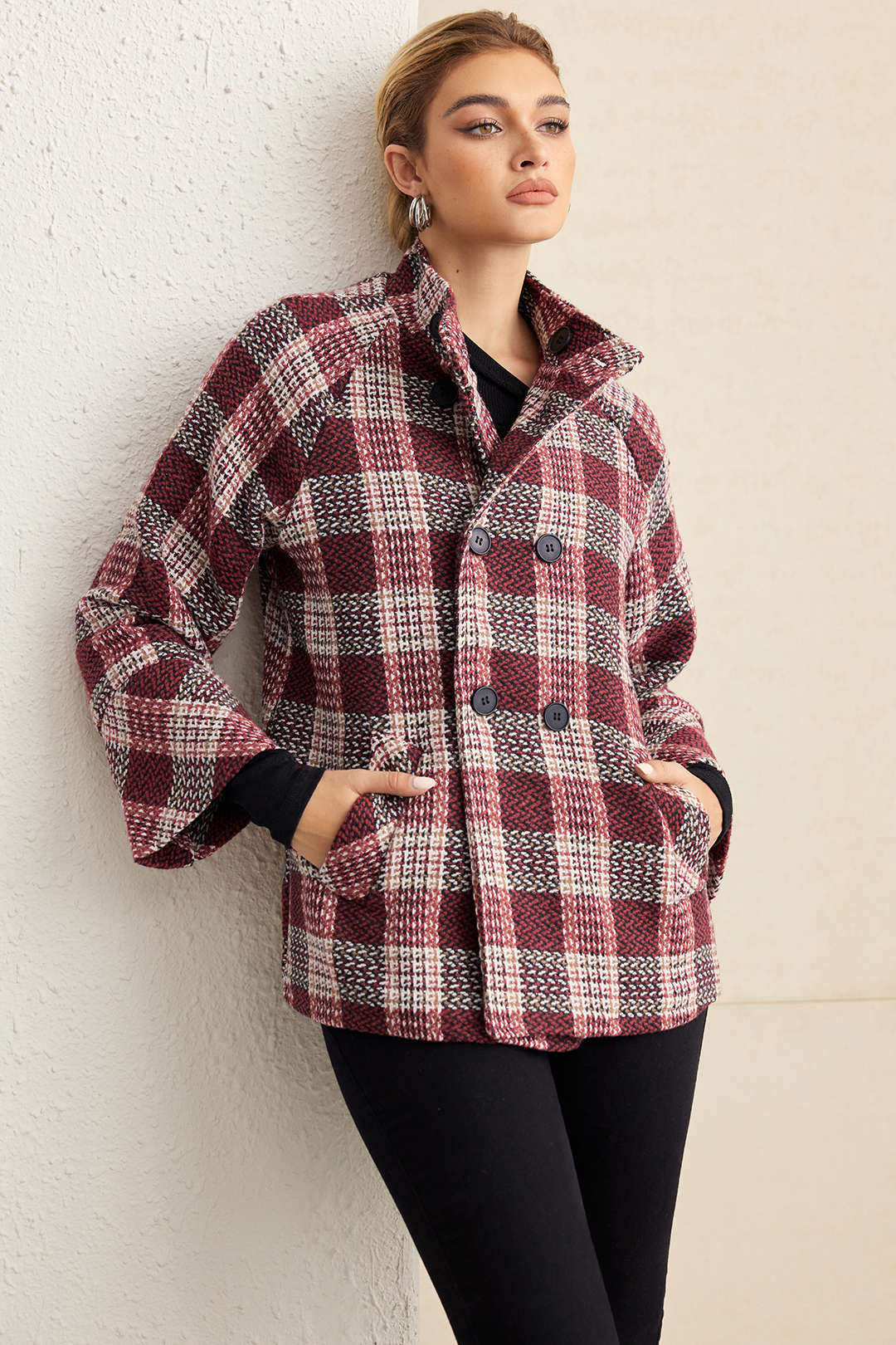 Plaid Print Woolen Button Coat - Weenar
