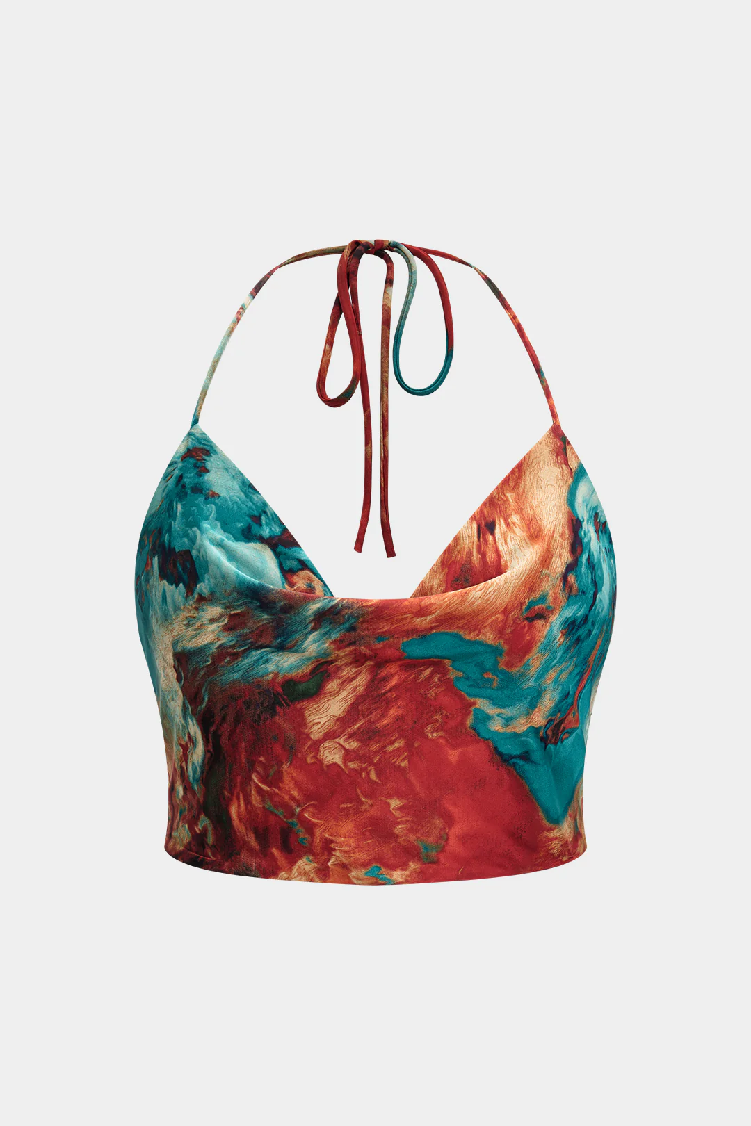 Plus Size Satin Abstract Pattern Zipper Cowl Neck Halter Neck Tie-Up Cami Top - Weenar