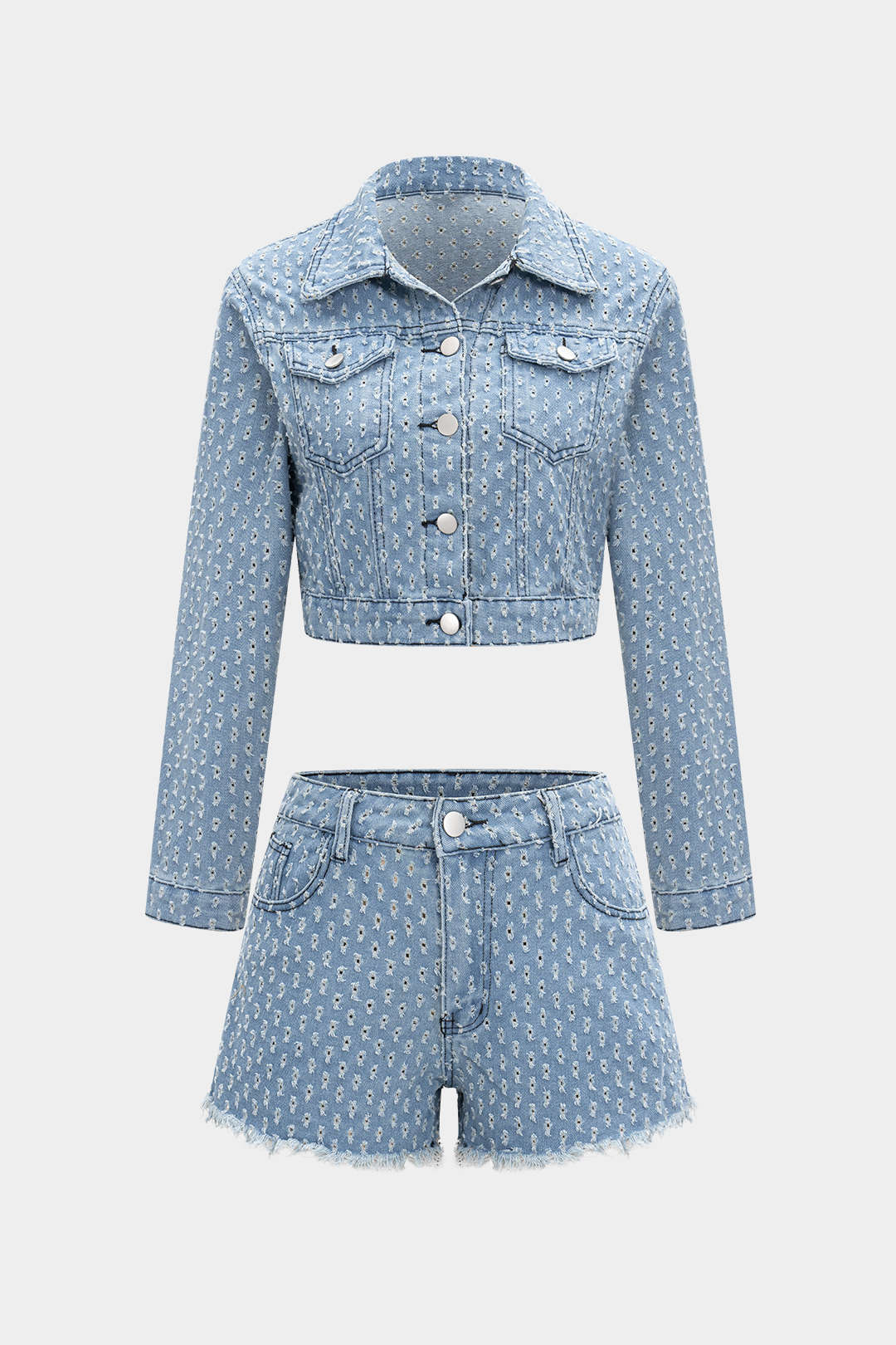Denim Hollow Out Outerwear And Ripped Shorts Set - Weenar