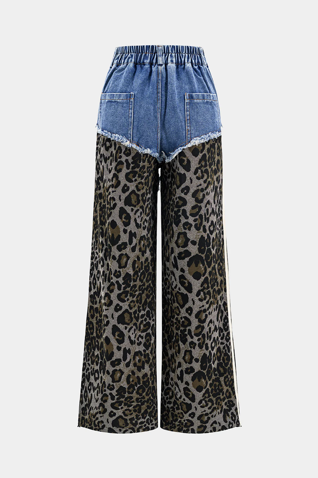Leopard Print Denim Patchwork Button Pocket Wide Leg Jeans - Weenar