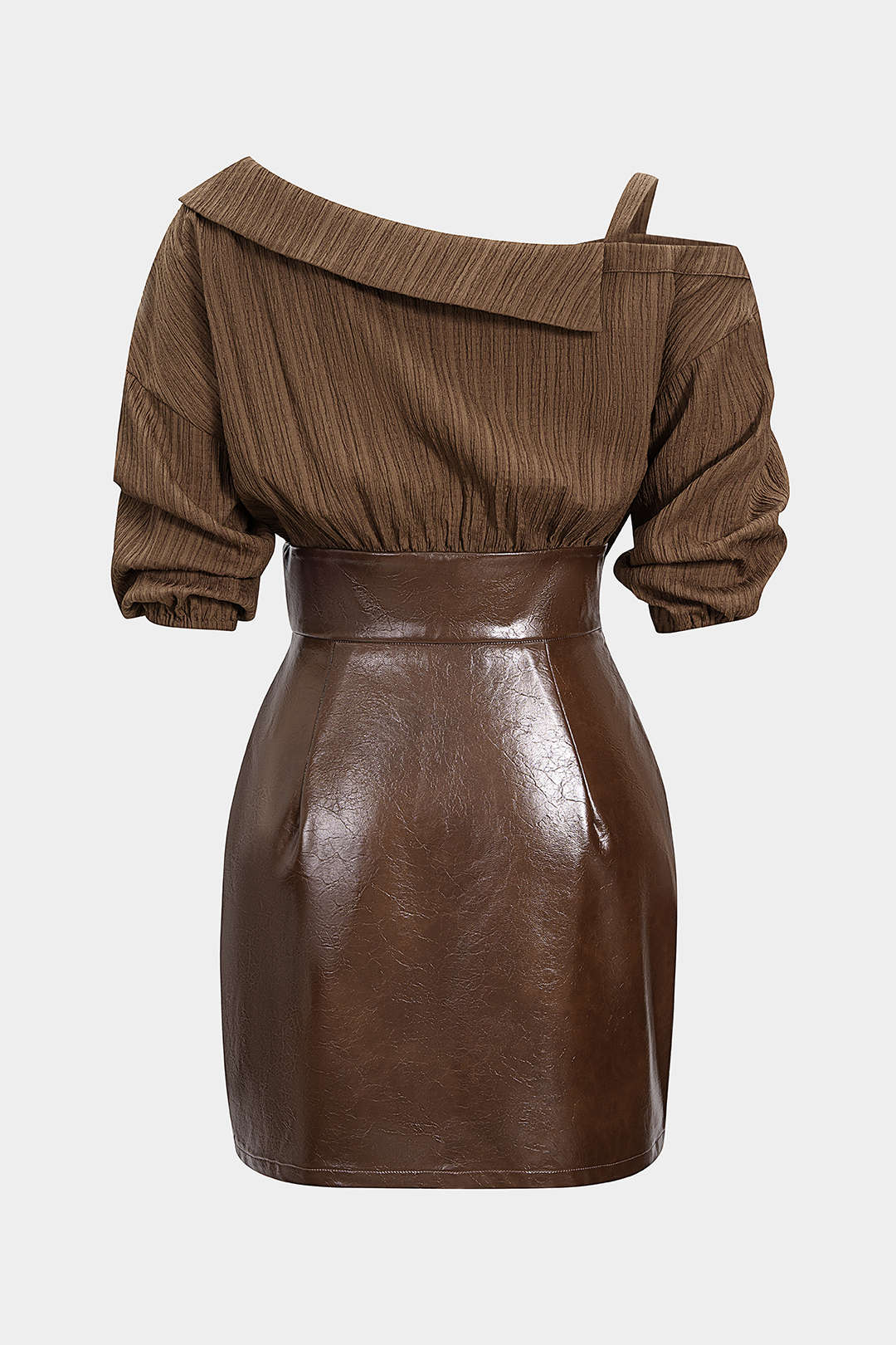 Faux Leather Patchwork Asymmetrical Short Sleeve Mini Dress - Weenar