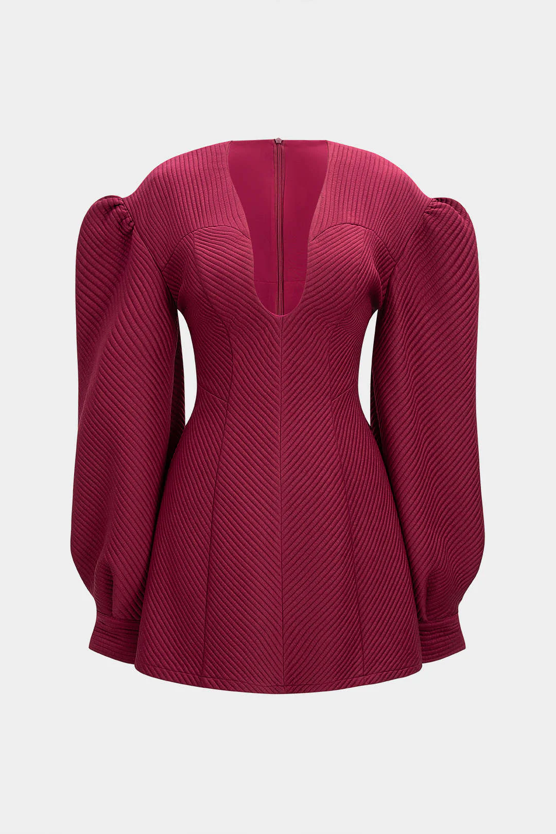Ruched Zipper Button Puff Long Sleeve Mini Dress - Weenar