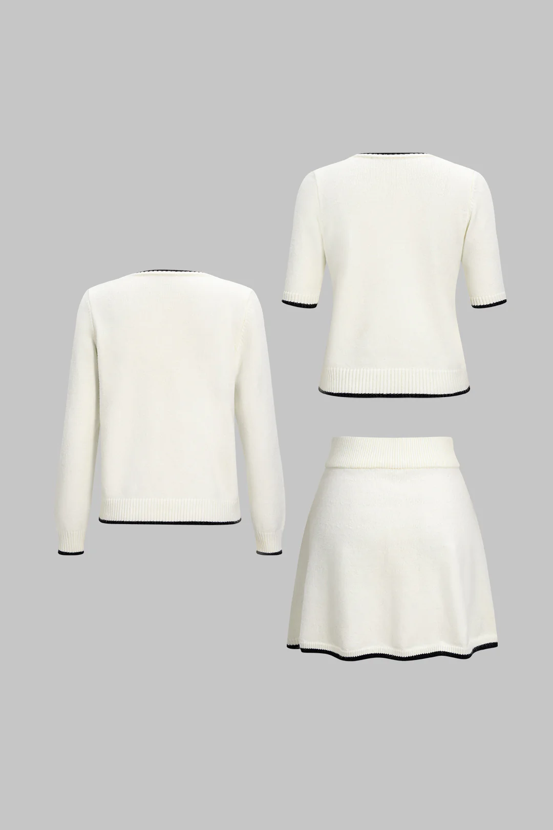 Knit 3PC Contrast Binding Round Neck Cardigan And Mini Skirt Set - Weenar