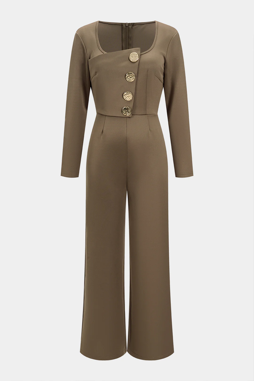 Metallic Button Zipper Long Sleeve Jumpsuit - Weenar