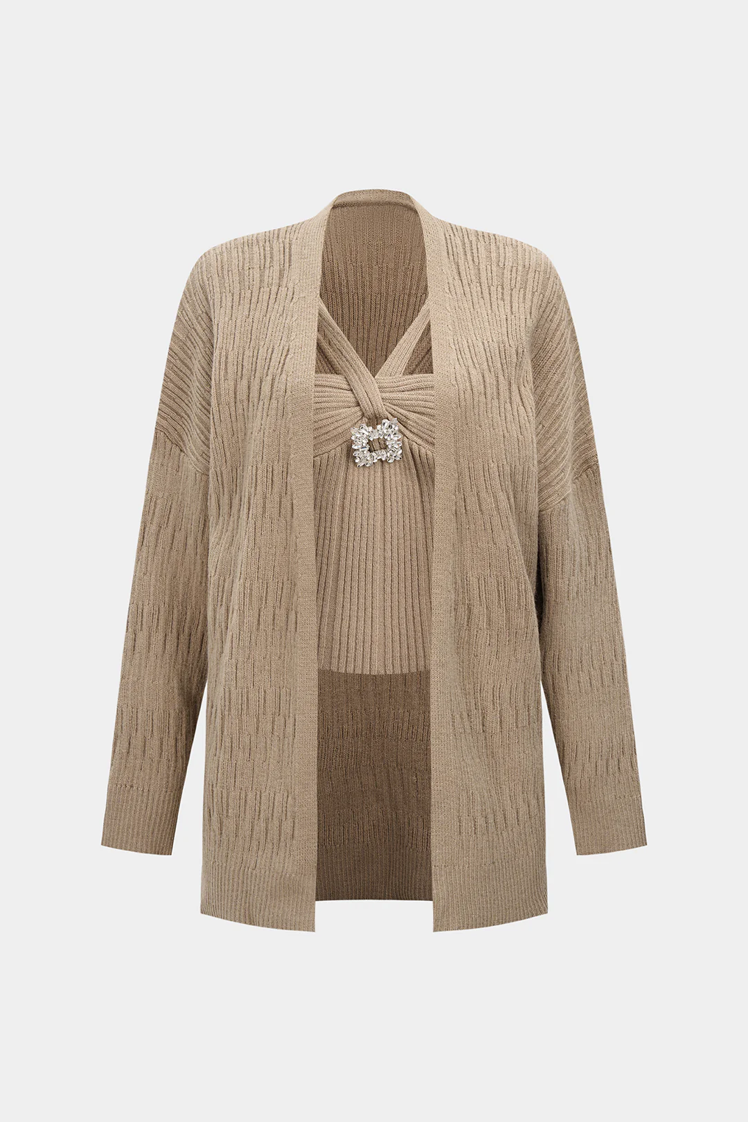 Knit Rhinestone Decor Crossed Cami Top And Cardigan Set - Weenar