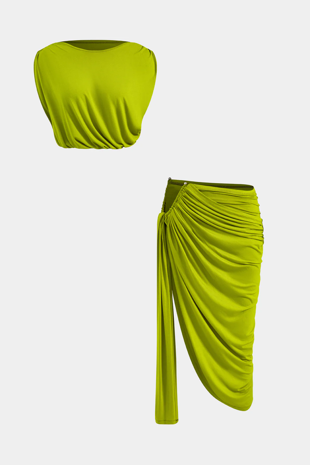Solid Ruched Top And Metal Asymmetrical Skirt Set - Weenar