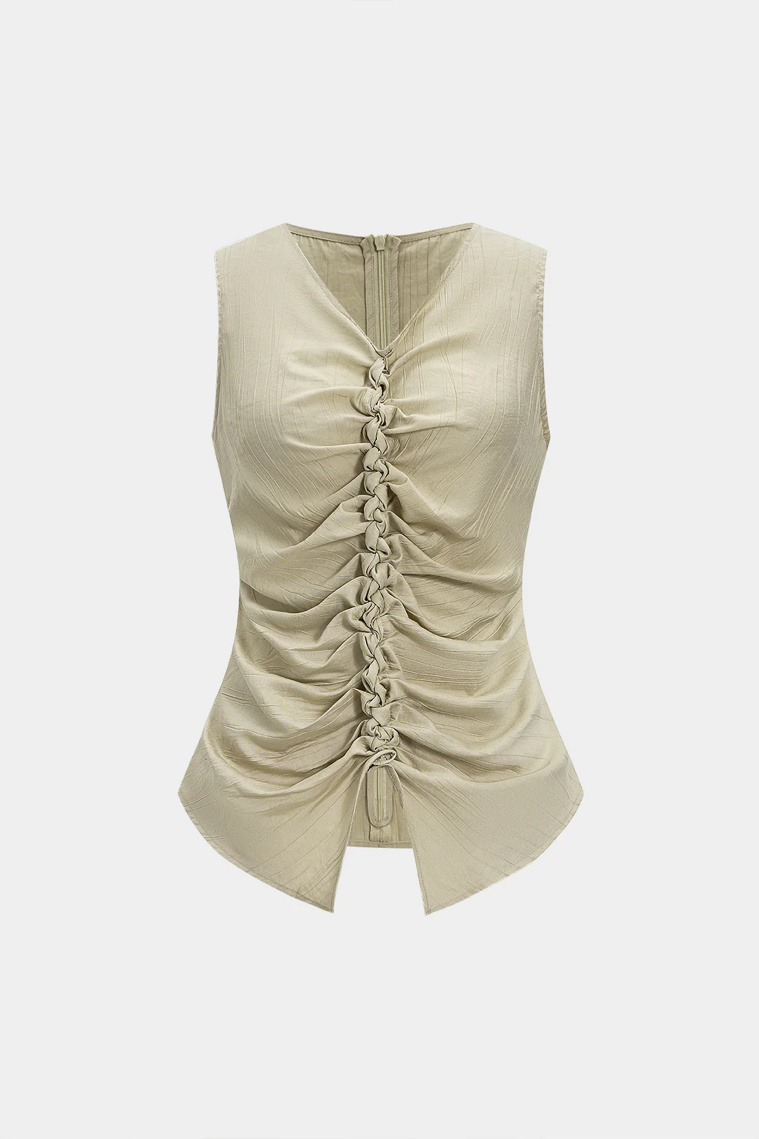 V-Neck Twist Knot Ruched Zipper Tank Top - Weenar