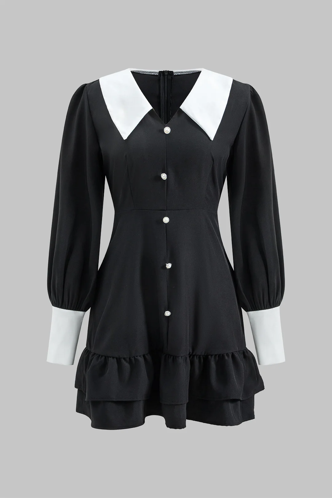 Contrast V-Neck Ruffle Hem Lantern Sleeve Mini Dress - Weenar