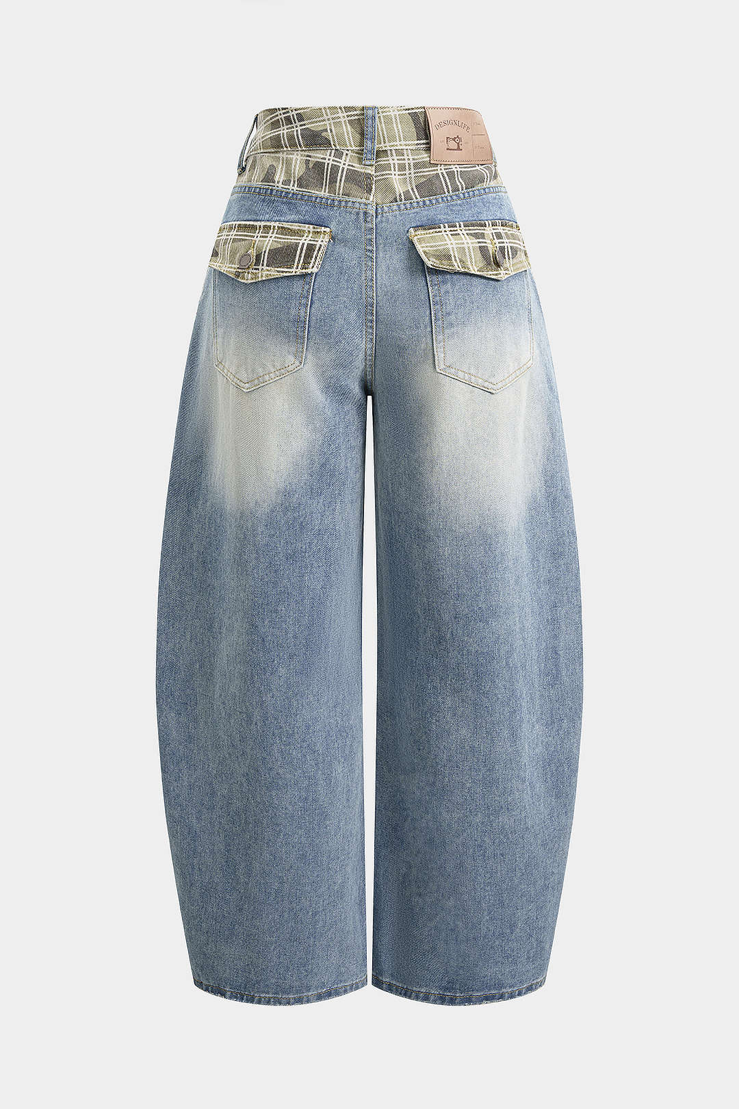 Denim Plaid Print Ripped Wide Leg Jeans - Weenar