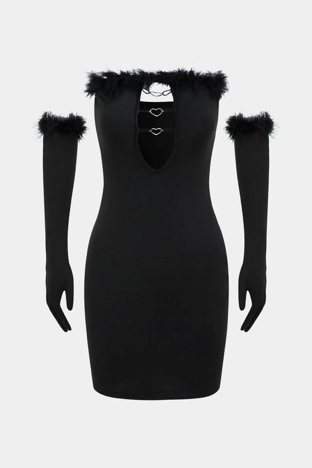 Feather Decor Cut Out Mini Dress With Gloves - Weenar