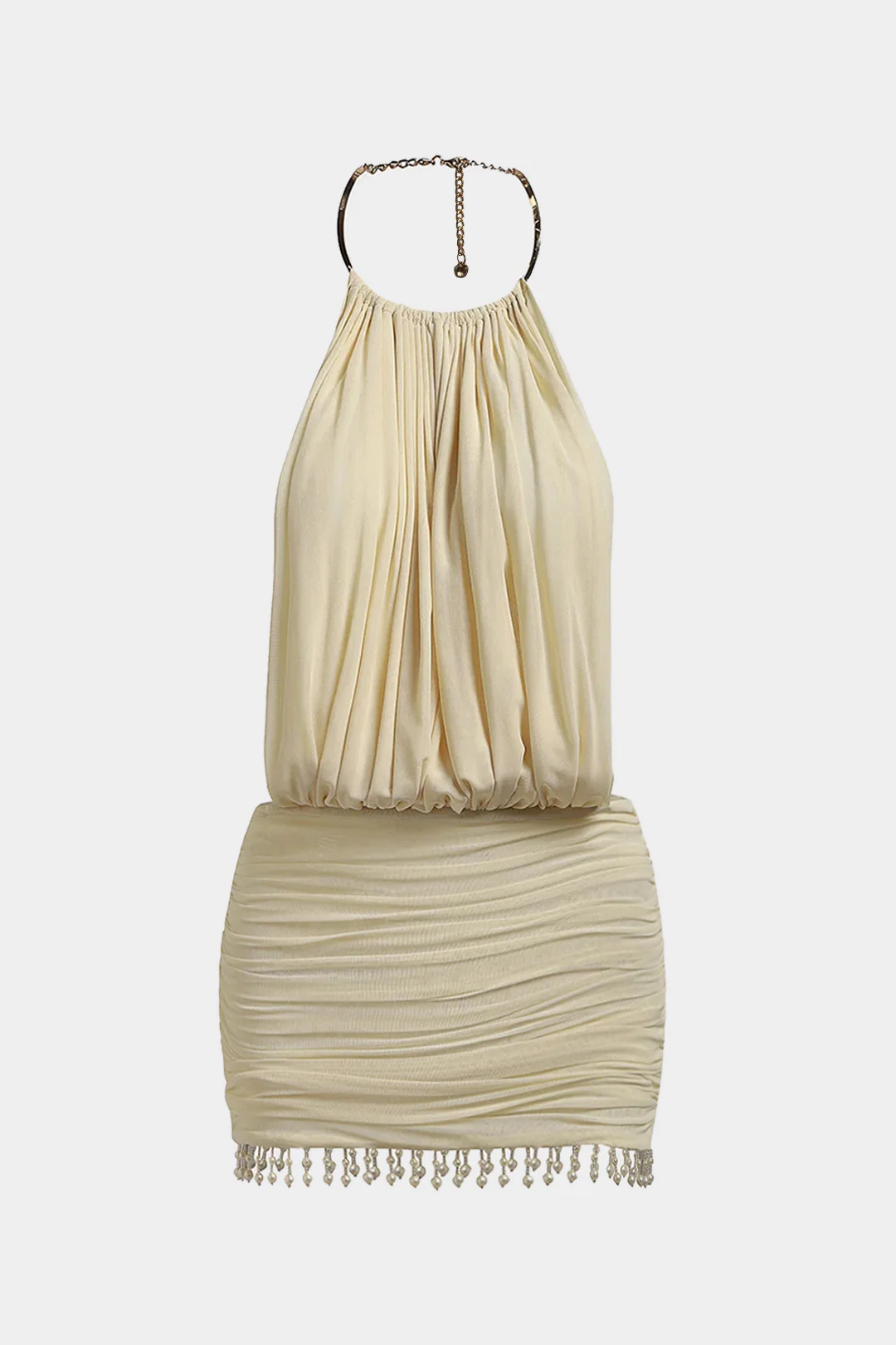 Mesh Halter Neck Pearl Decor Ruched Sleeveless Mini Dress - Weenar