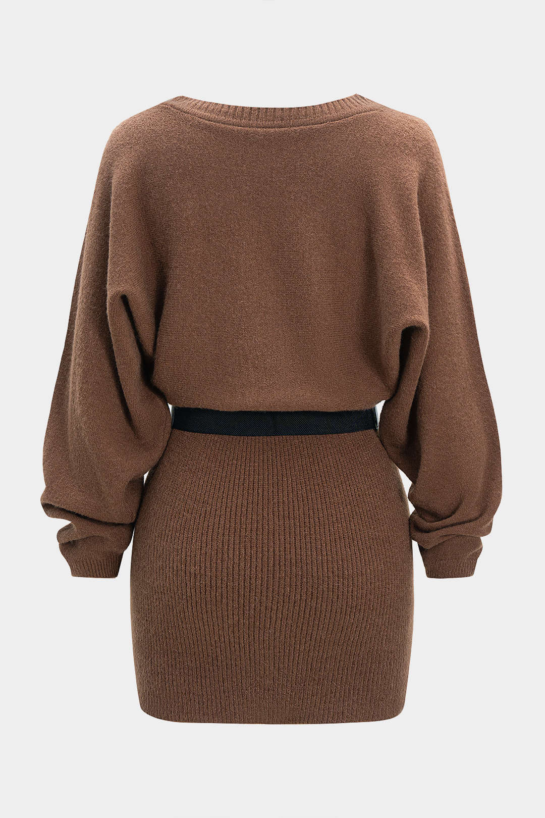 Knit Belted Batwing Long-Sleeve Dress - Weenar