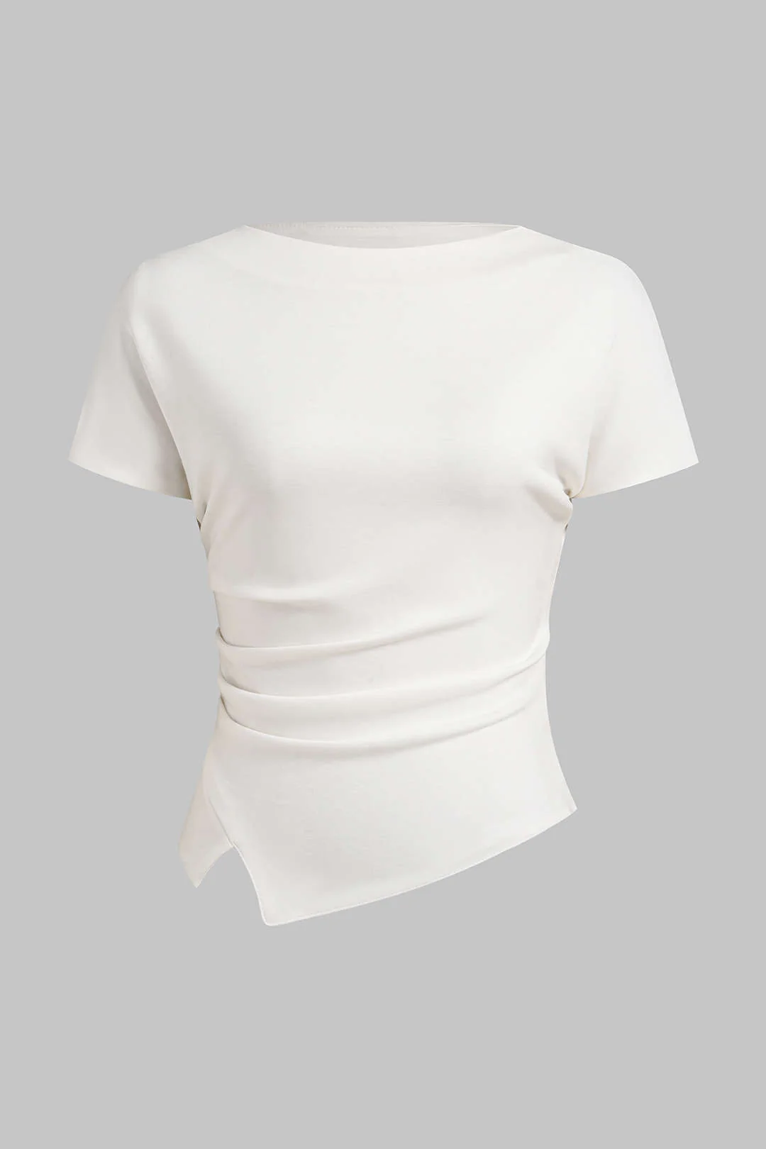 Solid Round Neck Asymmetrical Ruched Short Sleeve T-Shirt - Weenar