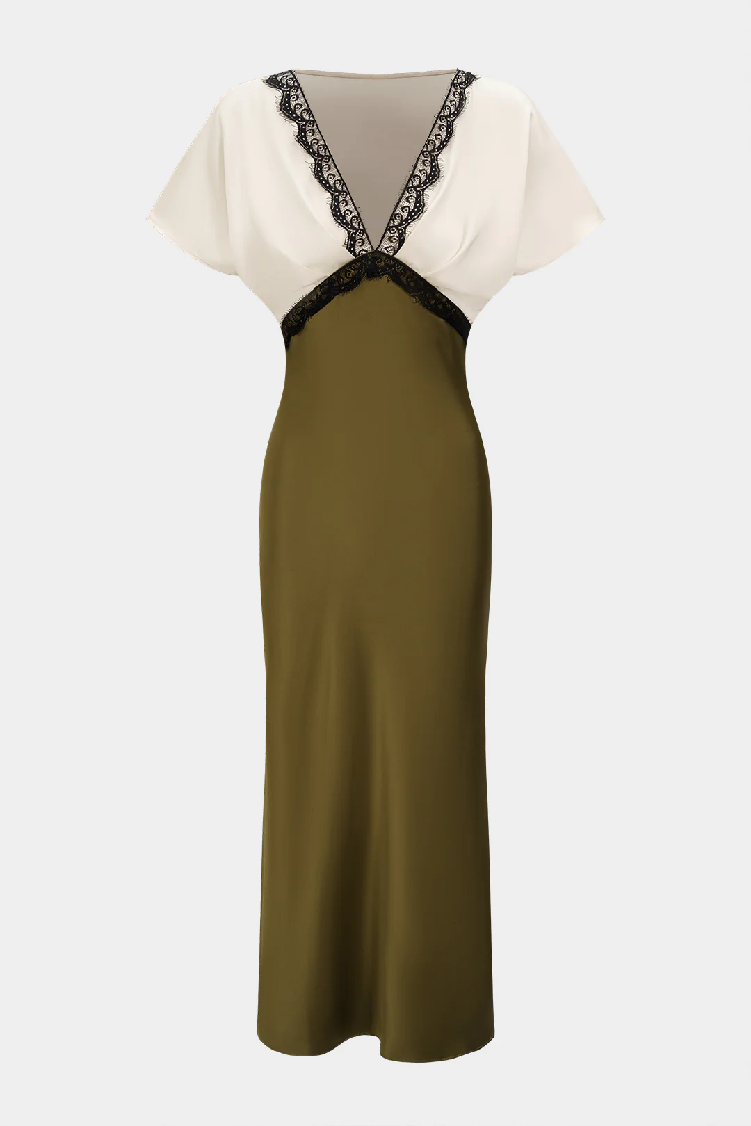 Contrast Satin Patchwork Lace Trim V-Neck Short Sleeve Midi Dress - Weenar