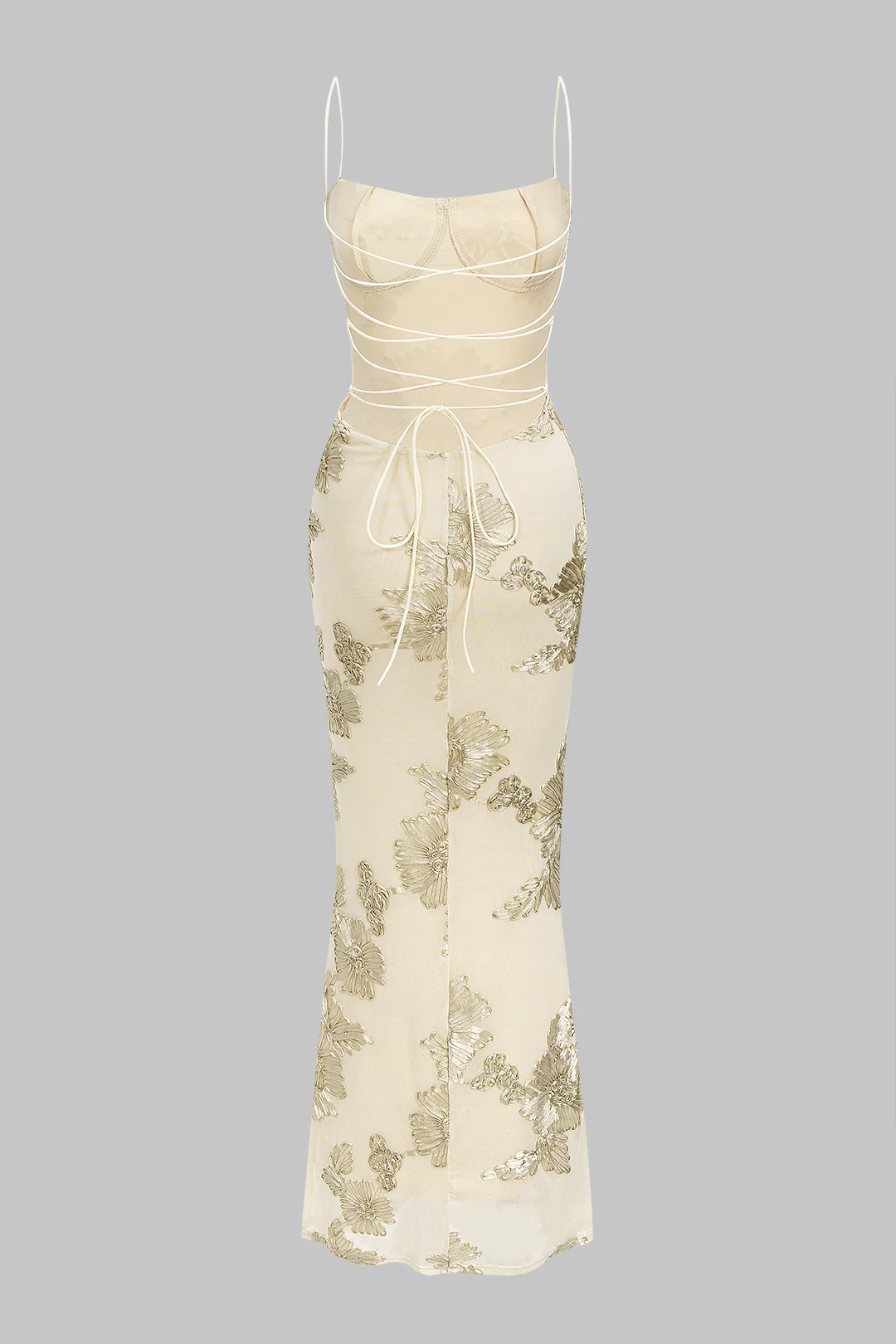 Floral Print Mesh Backless Tie-Back Sleeveless Maxi Dress - Weenar