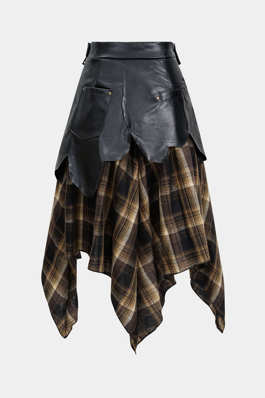 Color Block Plaid Print Faux Leather Patchwork Tie-Up Asymmetrical Pocket Skirt - Weenar