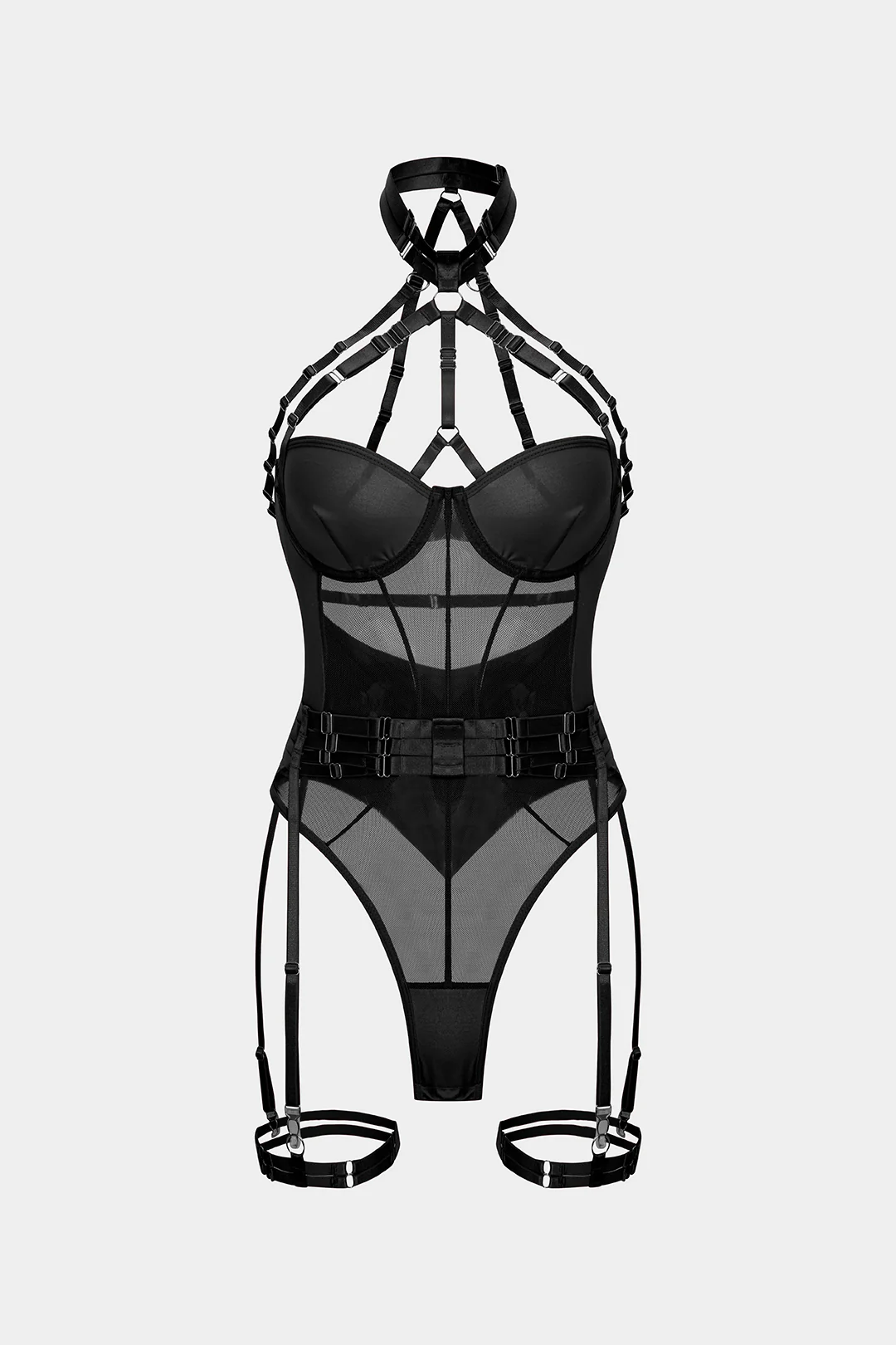 Mesh Chain Halter Neck Backless Lingerie Garter Set - Weenar