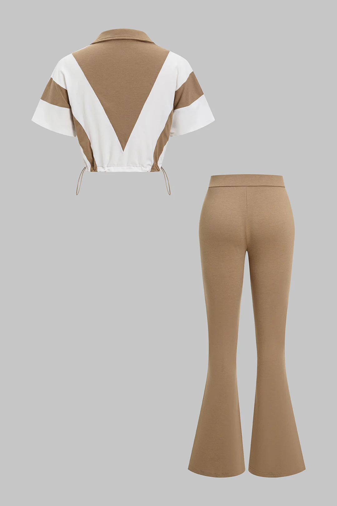 Contrast Print Lapel Drawstring Short Sleeve Top And Pants Set - Weenar