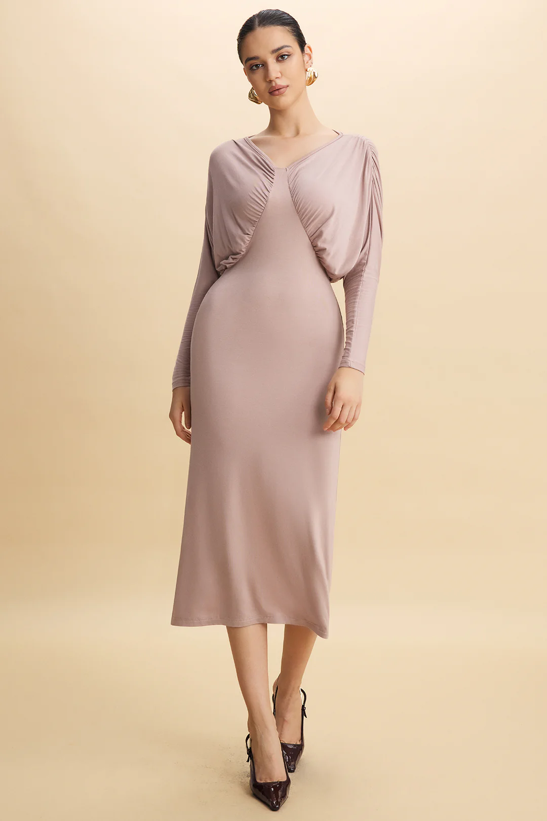 V-Neck Batwing Sleeve Ruched Maxi Dress - Weenar