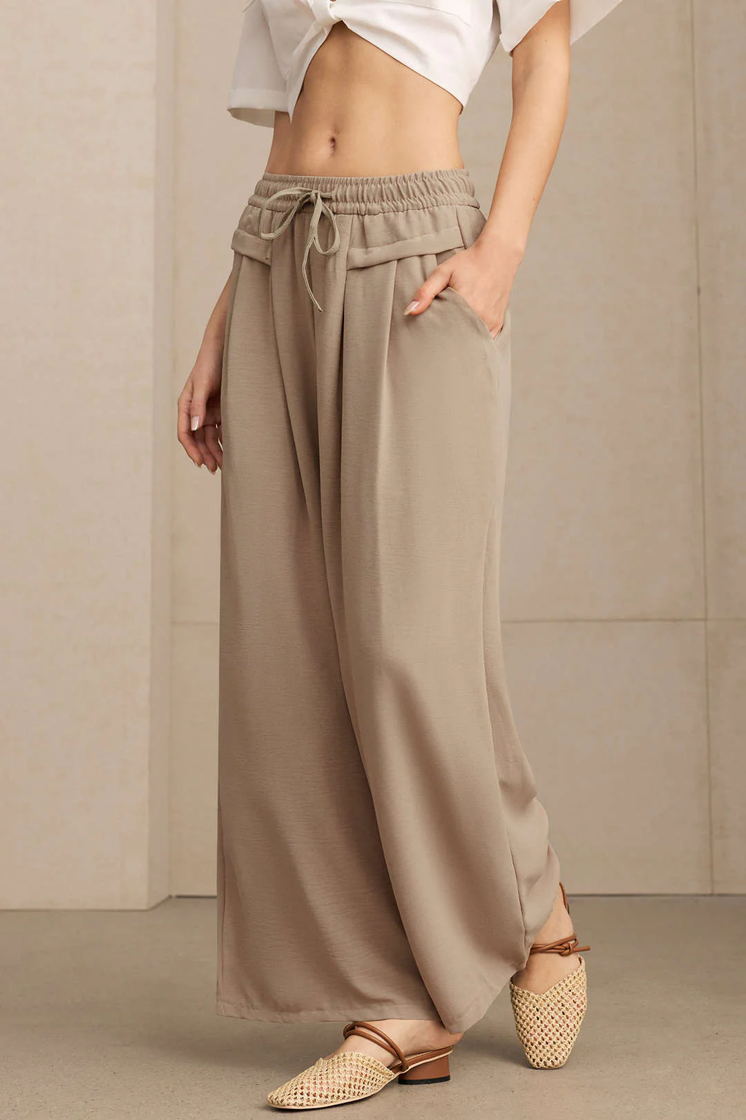 Drawstring Shirred Waistband Wide Leg  Pants - Weenar