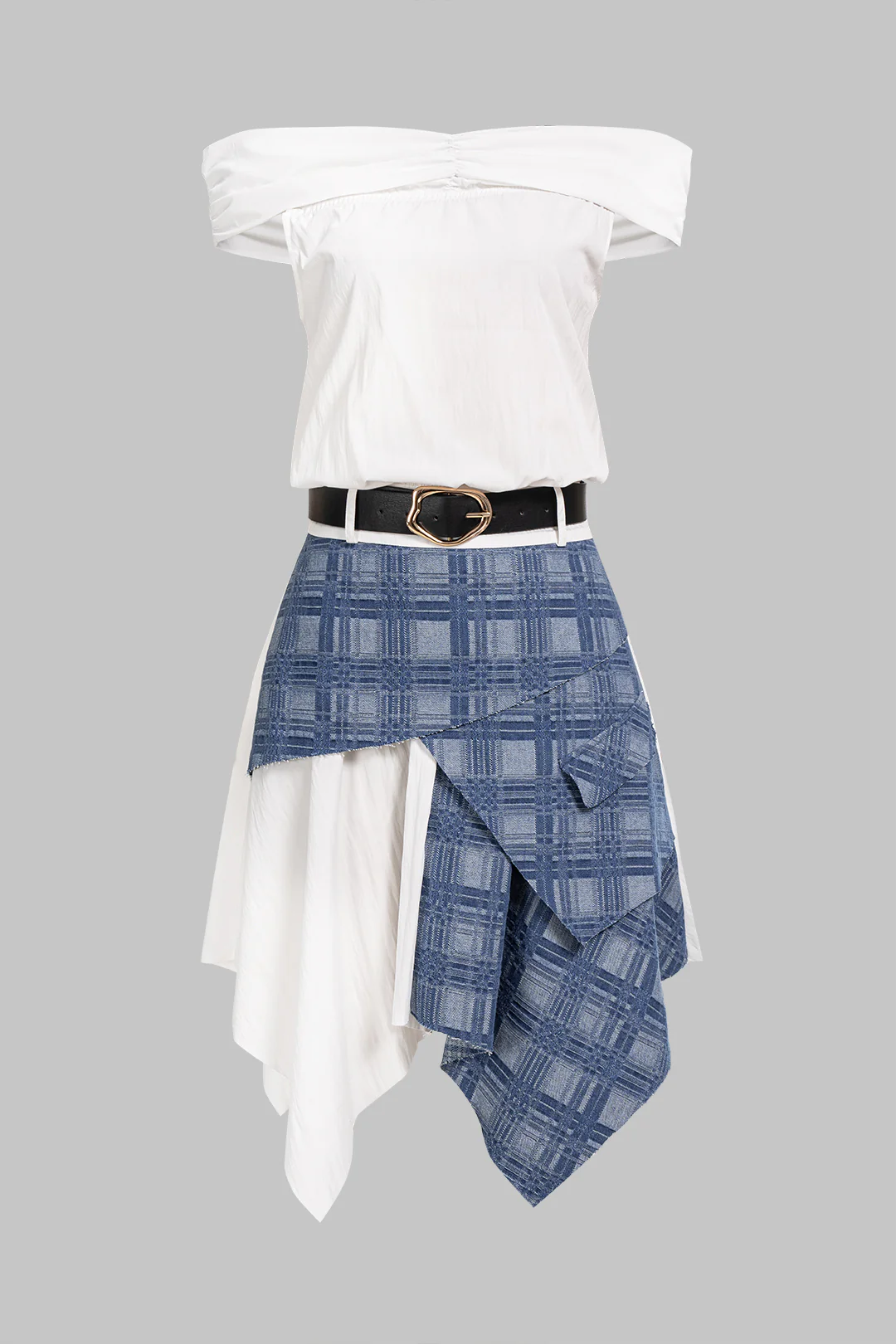 Denim Patchwork Off Shoulder Belted Sleeveless Mini Dress - Weenar