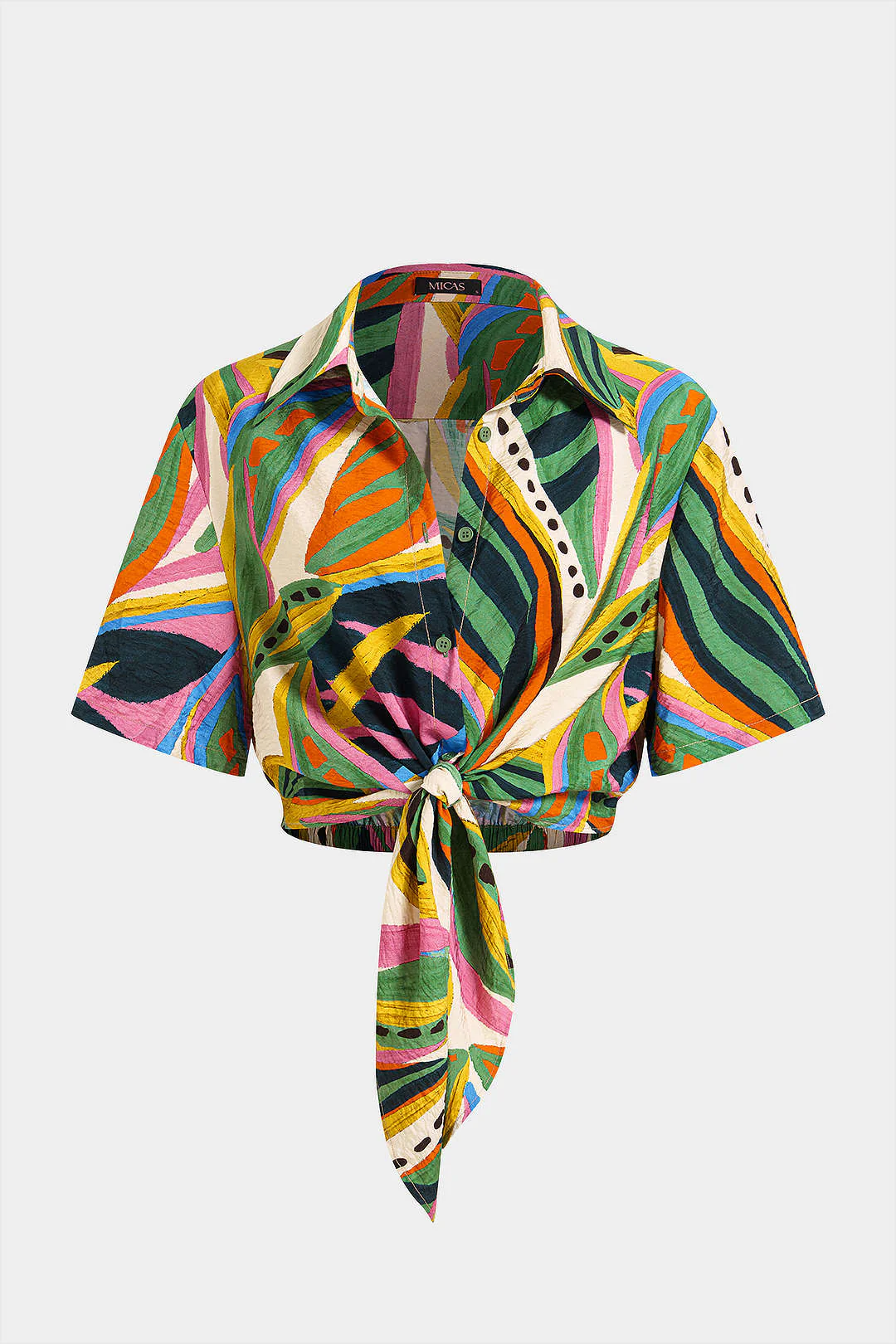 Leaves Contrast Print Tie-Up Button Short-Sleeve Blouse - Weenar