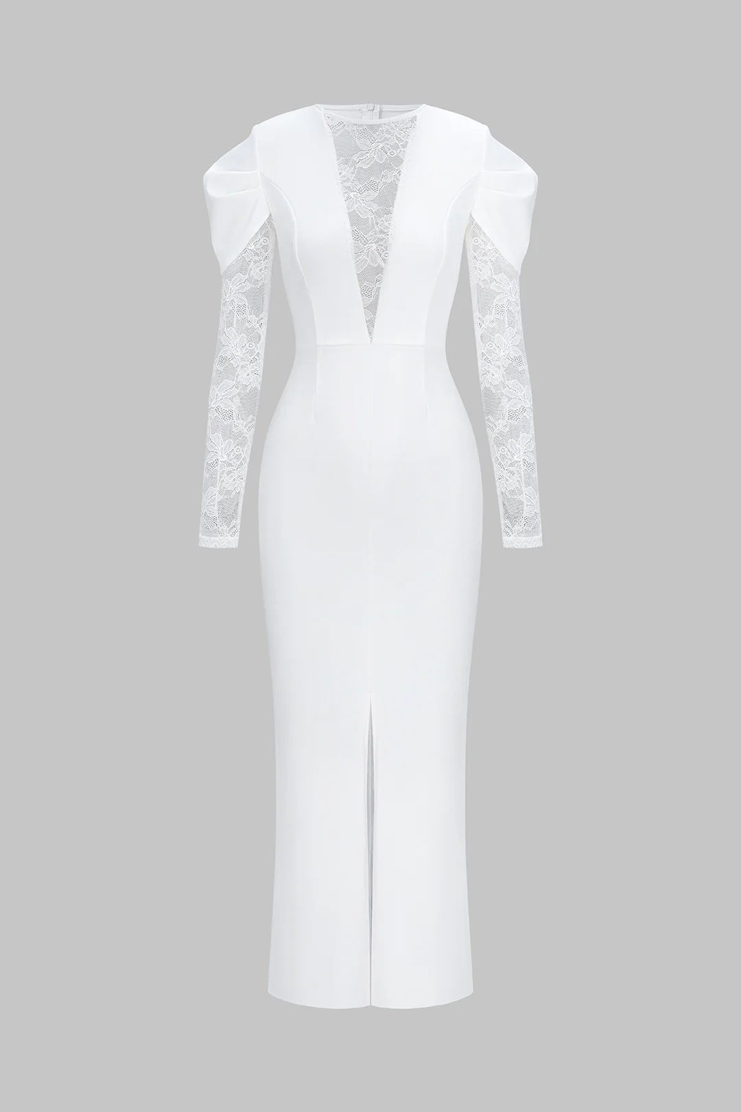 Sheer Lace Patchwork Round Neck Long Sleeve Maxi Dress - Weenar