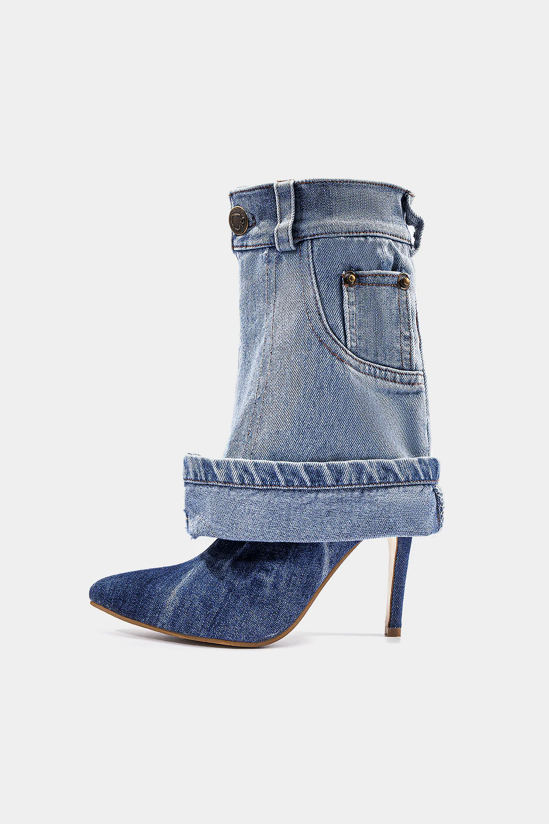 Washed Denim Wrinkled Patchwork Pointed Mid Calf Boots - Weenar