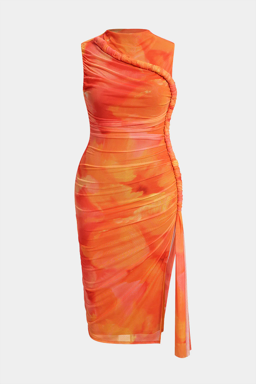 Plus Size Floral Print Mesh Mock Neck Asymmetrical Sleeveless Midi Dress - Weenar