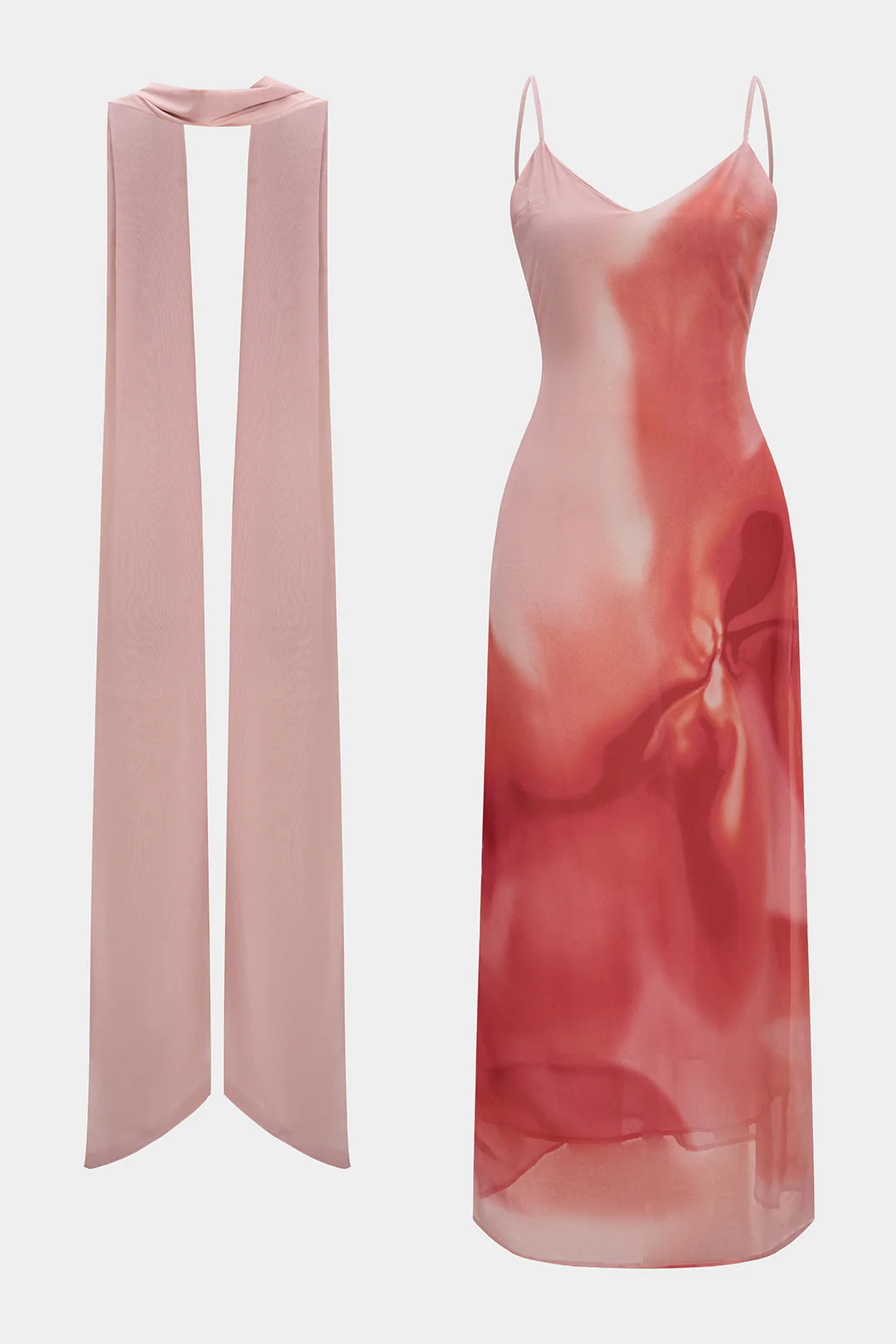 Ombre Print Chiffon V-Neck Slip Sleeveless Midi Dress With Scraf - Weenar