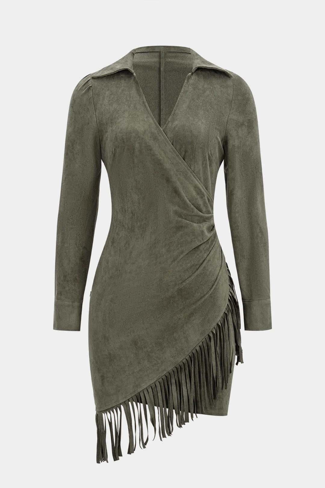Suede Fringe Long Sleeve Mini Dress - Weenar