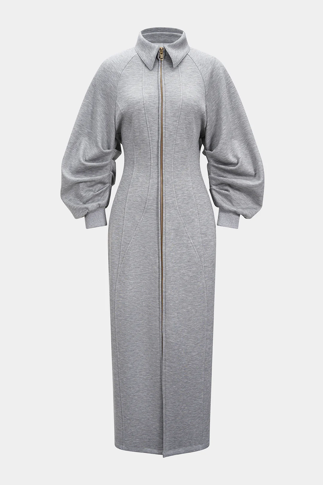 Lapel Zipper Long Sleeve Maxi Dress - Weenar