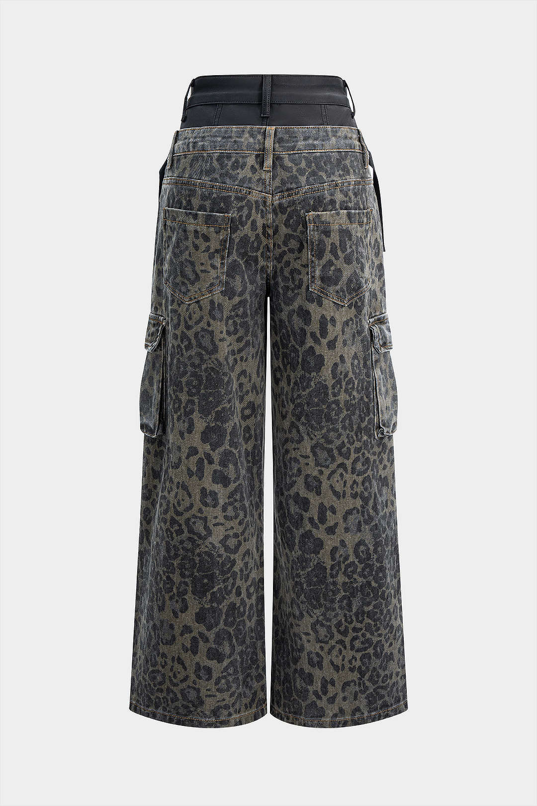 Denim Leopard Print Faux Leather Double Waistband Jeans - Weenar