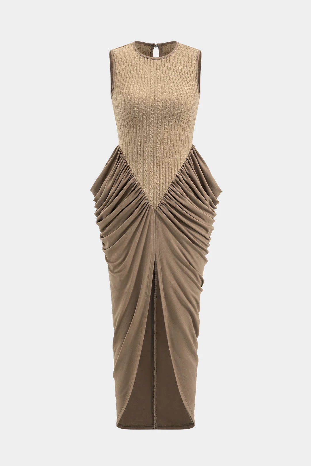 Ruched Sleeveless Round Neck Slit Maxi Dress - Weenar