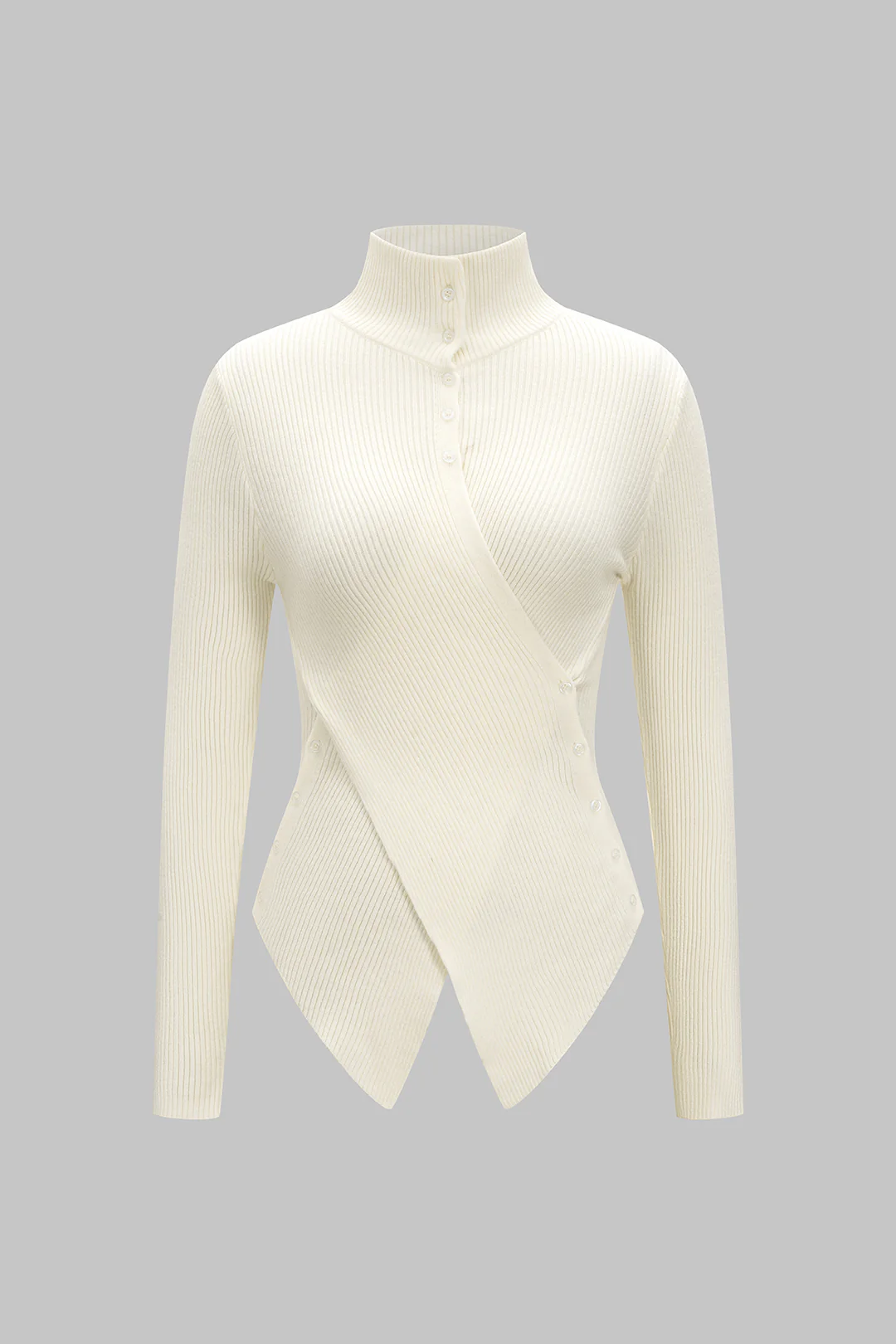 Knit Stand Collar Irregular Button Long-Sleeve Top - Weenar