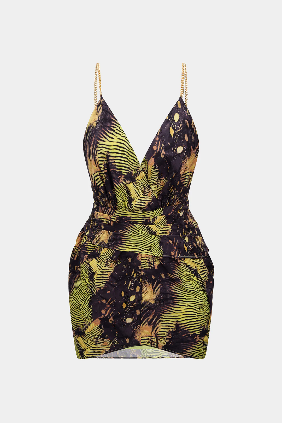 Plus Size Tropical Print Metallic Chain Asymmetrical Ruched Sleeveless Mini Dress - Weenar